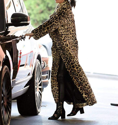 DJBM Women's Sexy Elegant Vintage Leopard Print Lapel Faux Fur Long Maxi Coat Jacket  size M
