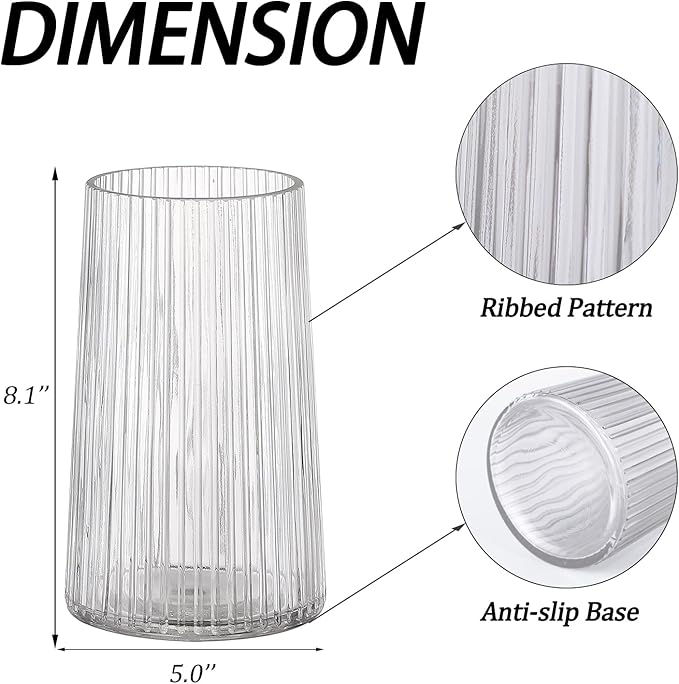 Clear Glass Vase for Flower, Flower Vase for Bouquet, Modern Glass Vases, Ribbed Vases for Living Room, Bedroom, Dining Table, Office, Wedding, Centerpieces, 8 Inches