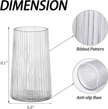 Clear Glass Vase for Flower, Flower Vase for Bouquet, Modern Glass Vases, Ribbed Vases for Living Room, Bedroom, Dining Table, Office, Wedding, Centerpieces, 8 Inches