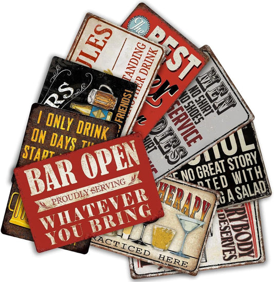 Funny Bar Signs For Home Bar Decor Metal Tin Signs Vintage Man Cave Sign Bar Accessories Garage Decor For Men Pub Wall Decor Open Rules Tin Sign 8×12 Inch (9 Pcs)