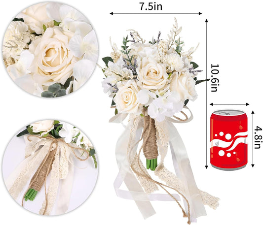 CEWOR Wedding Bouquets for Bride Bridesmaid, White Champagne Artificial Roses Flowers Wedding Decoration (7.5in)