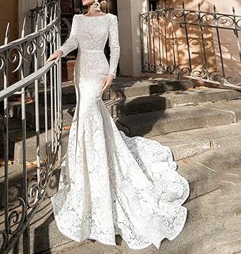 Lace Mermaid Wedding Dress Bateau Neck Long Sleeves Illusion Back with Buttons Bridal Gowns Size No