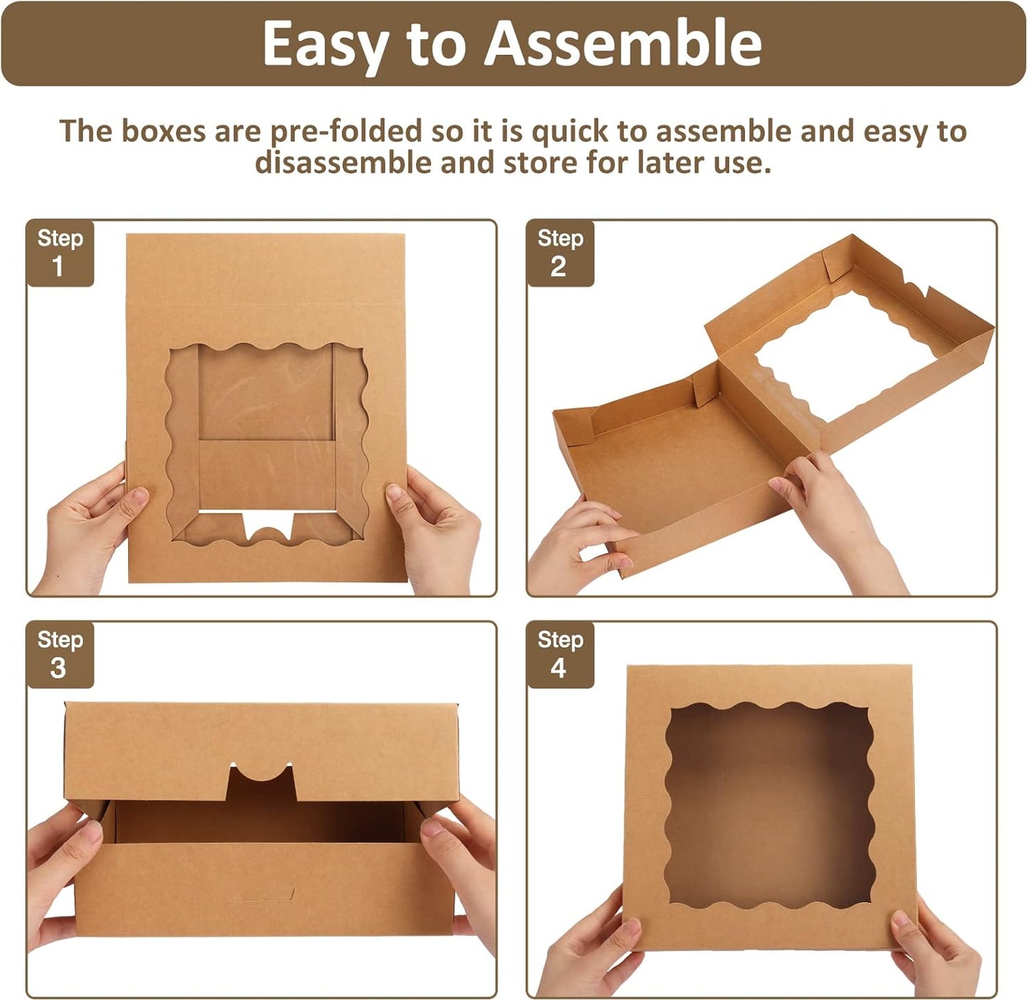 Moretoes 38pcs Pie Boxes, 10x10x2.5 Inches Auto-Popup Bakery Boxes with Window for Cookies, Treats, Cake, Pies, Chocolate Covered Strawberries, Macarons, Donuts, Muffins