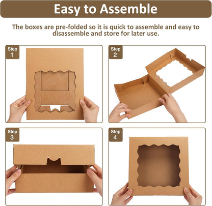 Moretoes 38pcs Pie Boxes, 10x10x2.5 Inches Auto-Popup Bakery Boxes with Window for Cookies, Treats, Cake, Pies, Chocolate Covered Strawberries, Macarons, Donuts, Muffins