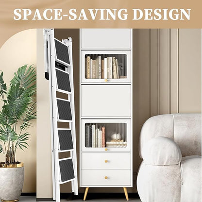 HBTower Step Ladder, Step Ladder Folding Step Stool, Portable Sturdy Steel Ladder Stool for Adults with Wide Pedals Home Outdoor Kitchen, White