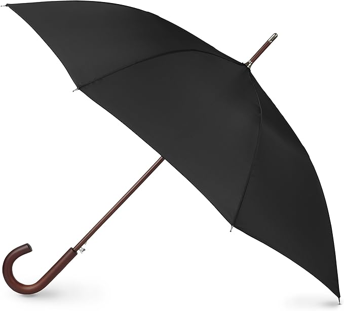 Totes Eco Auto Open Umbrella Classic Wooden J Stick Handle with Easy Grip - Windproof, Rainproof and Durable Canopy Design – Versatile Travel, Perfect for Rainy Days