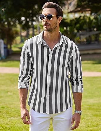 COOFANDY Men Button Down Striped Shirts Long Sleeve Slim Fit Untucked Dress Shirts Casual Summer Beach Shirts  size M