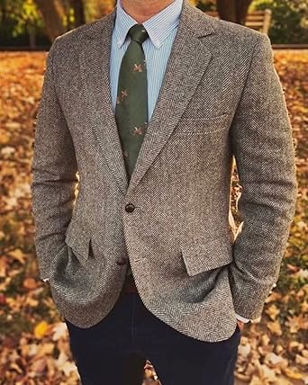 Mens Herringbone Tweed Blazer Men Vintage Suit Jacket Lightweight 2 Button Business Sport Coat Jackets Size XL