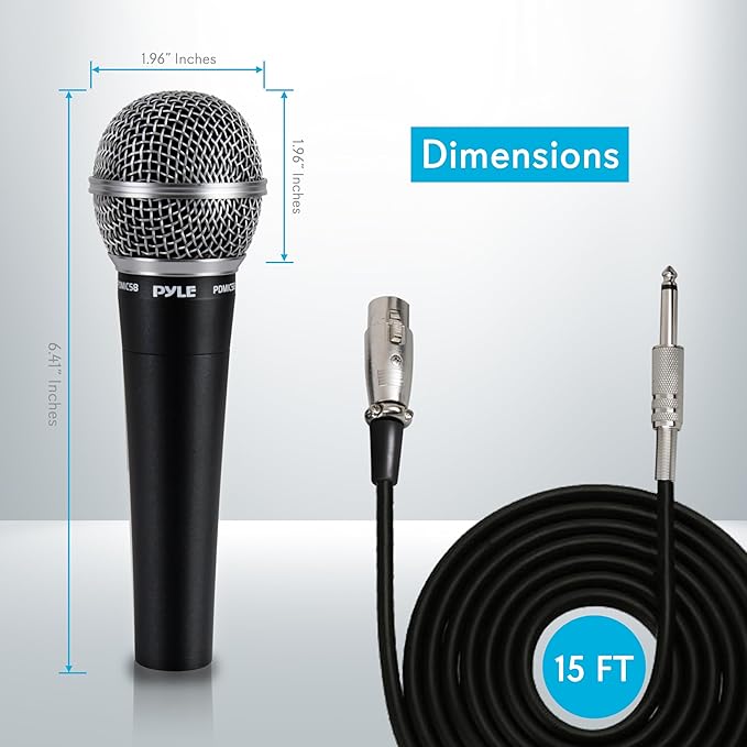 Pyle Handheld Microphone PDMIC58 - Dynamic Moving Coil Cardioid Unidirectional Includes 15ft XLR Audio Cable to 1/4'' Audio Connection