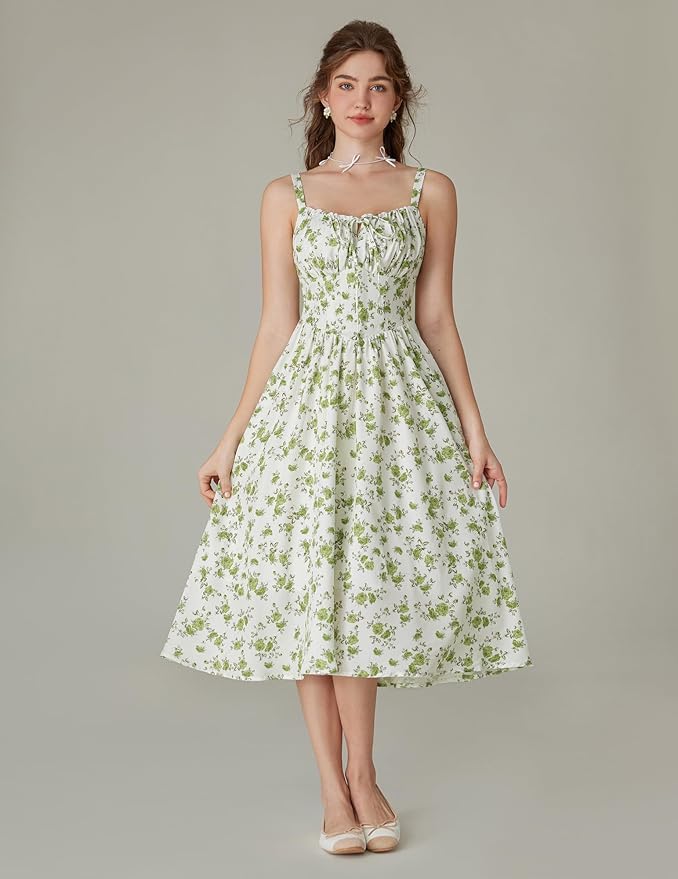 Women Floral Print Bohemian Dress Square Collar High Waist Zipper A-Line Midi Dresses, size S