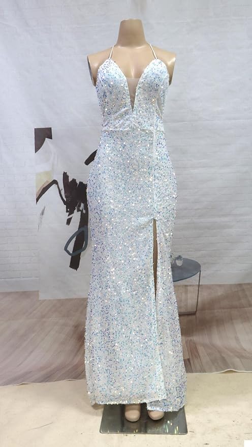 Women's Dresses, Sequin Dress Long Gift Annual Meeting Suspender Evening Dress (Color : White, Size : X-Large) Size No