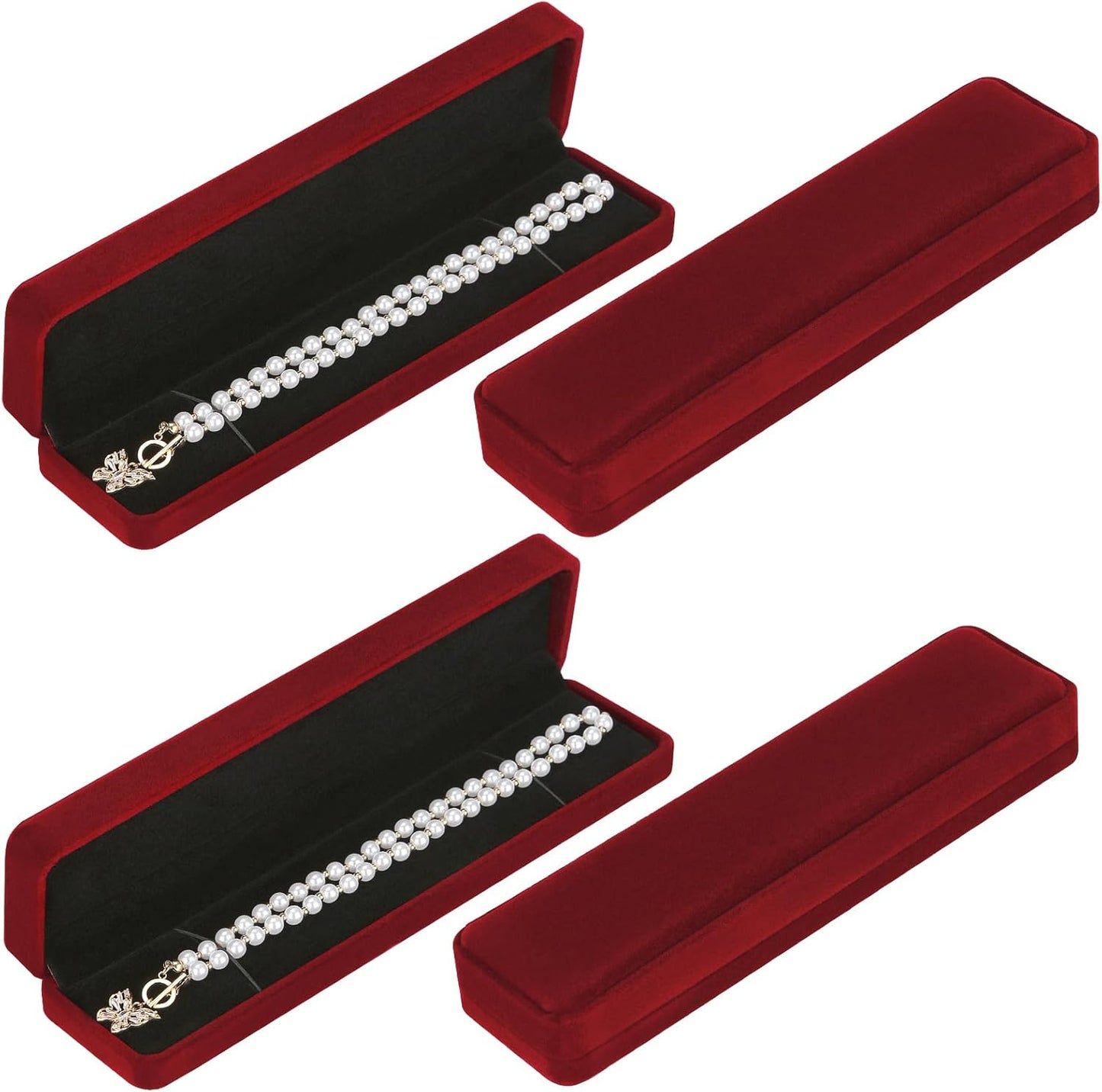 LETURE 4 Pieces Velvet Bracelet Necklace Pendant Jewelry Box, Small Long Jewelry Watch Gift Box for Proposal, Wedding, Engagement, Christmas (RED-4PCS)
