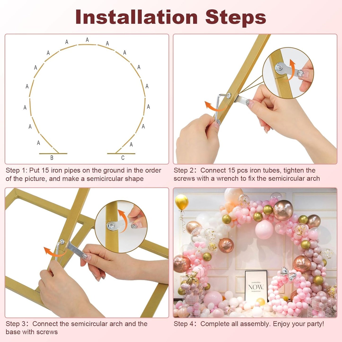 Metal Balloon Arch, Round Arch Backdrop Stand 8 FT(2.5M) Large Golden Circle Arch Frame with Base for Birthday, Wedding, Party, and Baby Shower Photo Background Decorations (Gold)