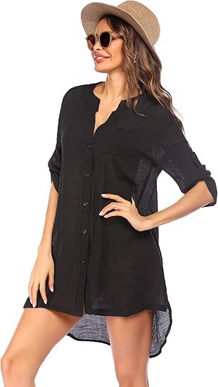 Ekouaer Women's Cover Up Shirt V-Neck Swimsuit Beach Bikini Beachwear Button Down Bathing Suit Sheer Coverups Size S