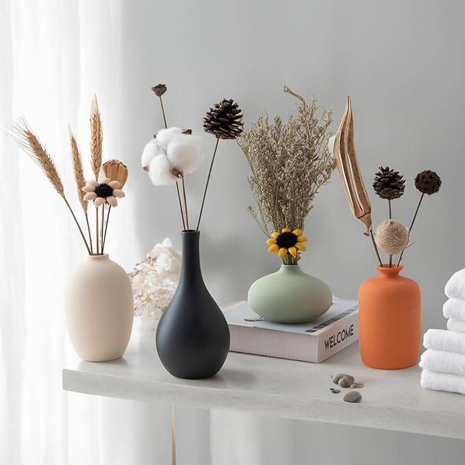 Small Ceramic Vase Set of 4 for Modern Home Decor, Minimalist Bohemian, Round Matte Vases for Dried Flowers&Pampas Grass, Office, Shelf, Living Room, Bedroom, Entryway Decor