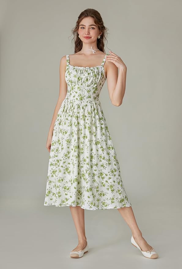 Women Floral Print Bohemian Dress Square Collar High Waist Zipper A-Line Midi Dresses, size S