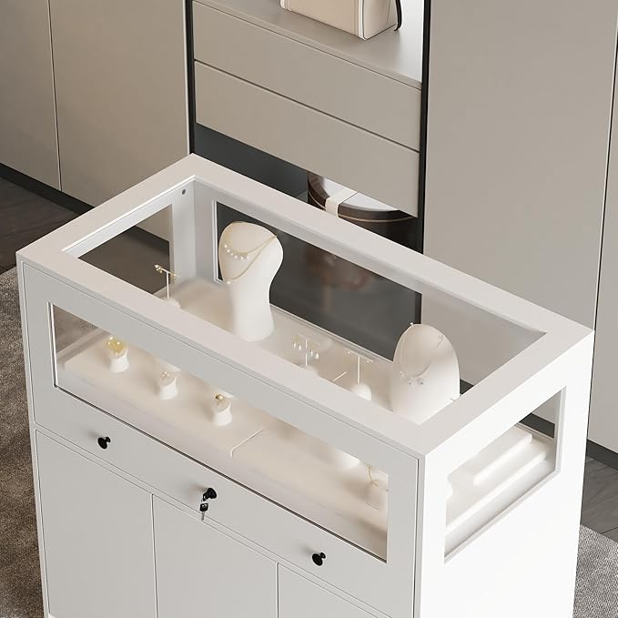 Hitow Display Cabinet Island with Glass Top and Front, Walk in Closet Organizer with Lockable Drawer and Shelves, Shop Display Case, Walk in Wardrobe Furniture, Living Room Storage, White