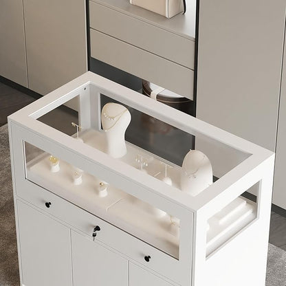 Hitow Display Cabinet Island with Glass Top and Front, Walk in Closet Organizer with Lockable Drawer and Shelves, Shop Display Case, Walk in Wardrobe Furniture, Living Room Storage, White