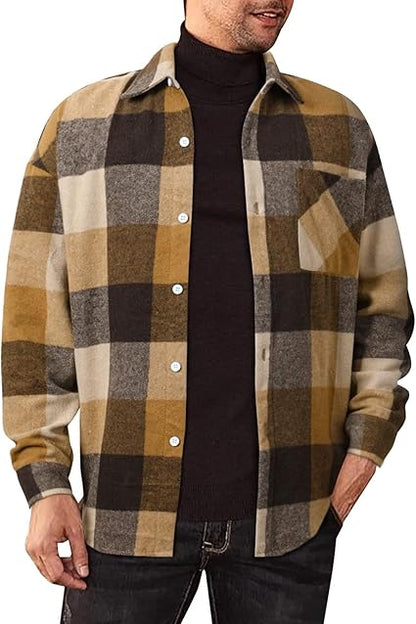 Mens Long Sleeve Shirt Jacket Button Up Plaid Jacket Shacket Fall Winter Warm Outfits Loose Fit Work Cotton Topssize M