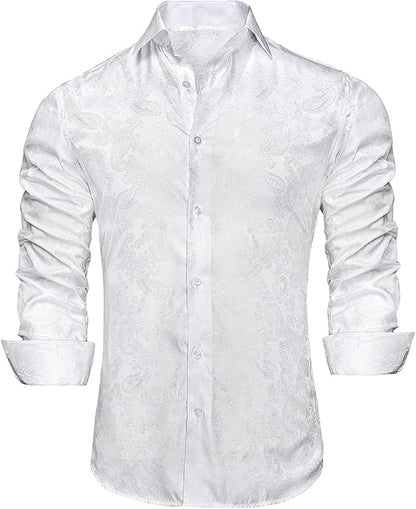 Hi-Tie Mens Dress Shirts Wrinkle Free Inner Contrast Jacquard Long Sleeve Casual Button Down Shirt Business Party Wedding