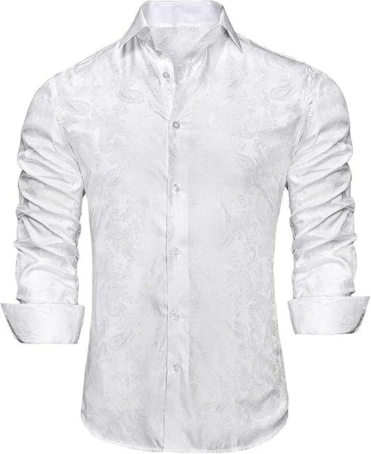 Hi-Tie Mens Dress Shirts Wrinkle Free Inner Contrast Jacquard Long Sleeve Casual Button Down Shirt Business Party Wedding
