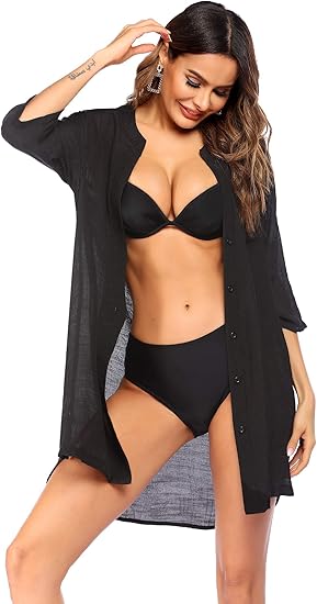 Ekouaer Women's Cover Up Shirt V-Neck Swimsuit Beach Bikini Beachwear Button Down Bathing Suit Sheer Coverups Size S
