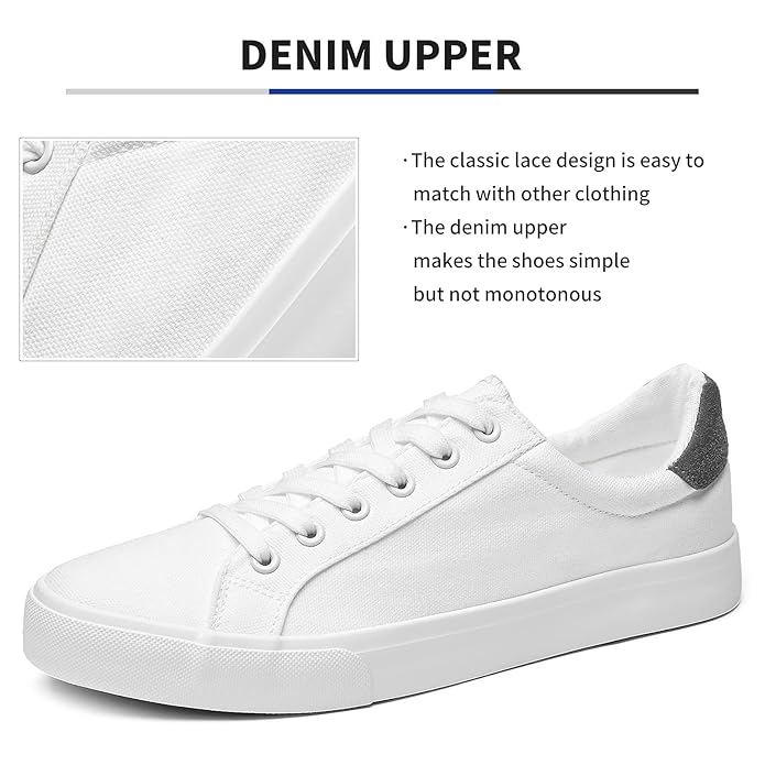 FRACORA Mens Canvas Shoes White Black Sneakers Low Top Lace Up Casual Shoes, Milk White Size 7.5/38.5