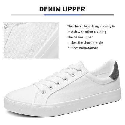 FRACORA Mens Canvas Shoes White Black Sneakers Low Top Lace Up Casual Shoes, Milk White Size 7.5/38.5