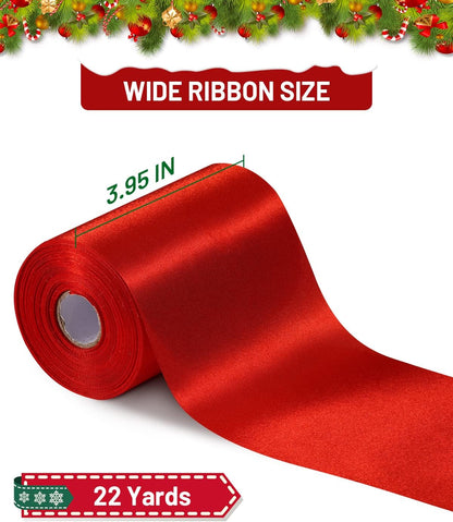FAKILO Red Satin Ribbon 4 Inch x 22 yd Wide for Grand Opening Business Cuttings Ceremony Bow Christmas Festival Decor