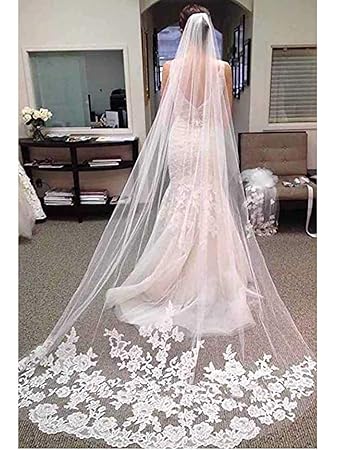 Ursumy Bride Lace Wedding Veils Long Cathedral Veil Floral 1T Soft Tulle Bridal Veils with Comb 118" (Ivory) Size M