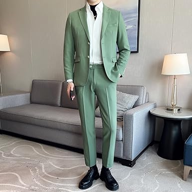 Men's Two-Button Slim Fit Suits Tricolor Stretch Fabric 2 Pieces Blazer Pants Suits Business Formal Wear A428LJT902 (as1, Alpha, s, Regular, Short, Light Green, XX-Large, Classic Slim)  Size 2XL