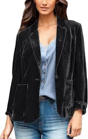 cooki Velvet Blazer Jackets for Women Solid Long Sleeve Velvet Jacket Casual Button Down Short Coat with Pockets Outerwear  Size M