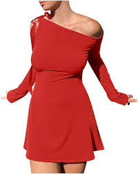 HGps8w Women's Sexy Off The Shoulder Dress Elegant Slope Neck Tie Shoulder Long Sleeve Ruched Bodycon Mini Club Party DressSize S