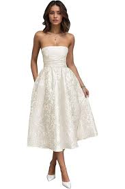 Strapless Jacquard Floral Satin Cocktail Party Gowns Corset A-Line Midi Formal Dresses with Pockets  Size 8