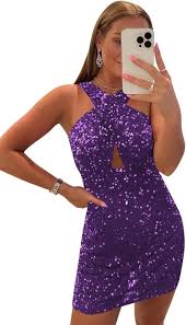 GRACE KARIN Sequin Dress for Women Sleeveless Sparkly Glitter Halter Dress Bodycon Mini Club Dresses size S