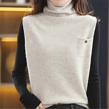 Women Cashmere Turtleneck Pullover Vest Sleeveless Pullover Sweater Solid Knited Jumper Vest Size S