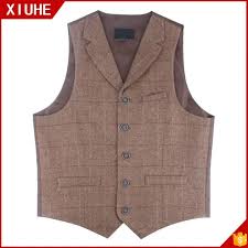 Mens Suit Vests Brown Black Waistcoat Vest Man Plaid Steampunk Jacket Tweed V-Neck Slim Fit Gilet Wedding Clothing  Size L
