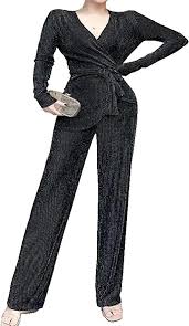 PINLI Plus Size 2 Piece Outfits for Women Deep V Neck Chain Printed Shirts with Belt and Loose Pants Party Clubwear Silver L size M