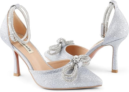 Zzheels Women's Wedding Heels Sparkly Rhinestone Stiletto Pumps Bow Heels Pointed Toe Ankle Strap High Heels Bridal Party Dress Shoes size 8