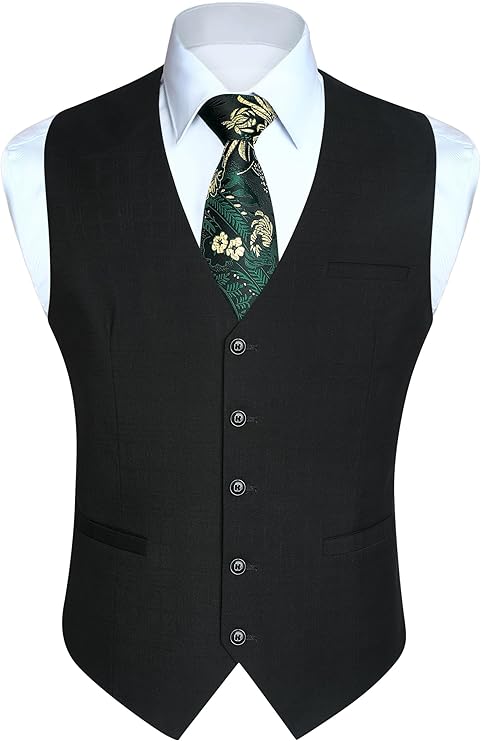 HISDERN Men's Suit Vest Plaid Dress Vest for Men Slim Fit Formal Business Waistcoat Tuxedo V-Ncek Solid Vest for Wedding size M