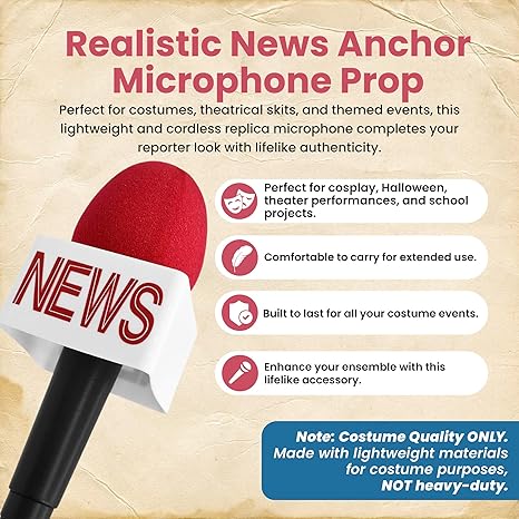 Nicky Bigs Novelties Adult News Anchor Microphone Prop - Fake News Microphone with Flag, Plastic Wireless prop for Reporter, Anchorman, Journalist Costume, Career Day, Halloween - Black, One Size