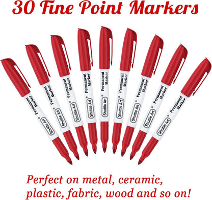 Shuttle Art Permanent Markers, 30 Pack Red Permanent Marker set,Fine Point, Works on Plastic,Wood,Stone,Metal and Glass for Doodling, Marking…