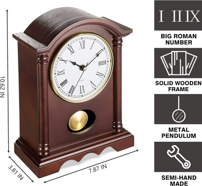AYRELY® Classic Grandfather Mantel Clock for Living Room Déco, Elegant Wooden Finish, Gold-Tone Pendulum, Desk Clock for Living Room, Bedroom, Farmhouse Décor