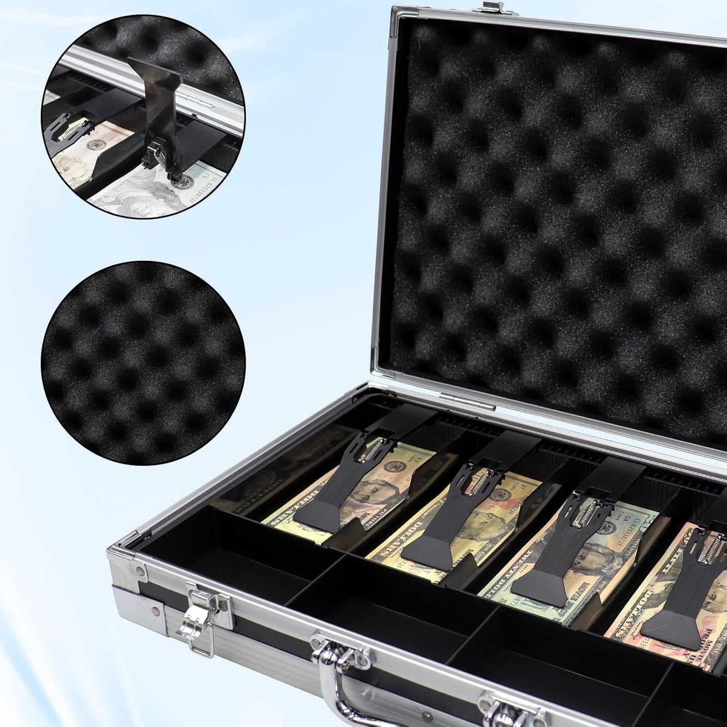 Large Cash Box with Money Tray, Lockable Money Box for Cash, Large Cash Organizer with 5 Compartment Spring-loaded Cash Trays and 4 Coin Trays