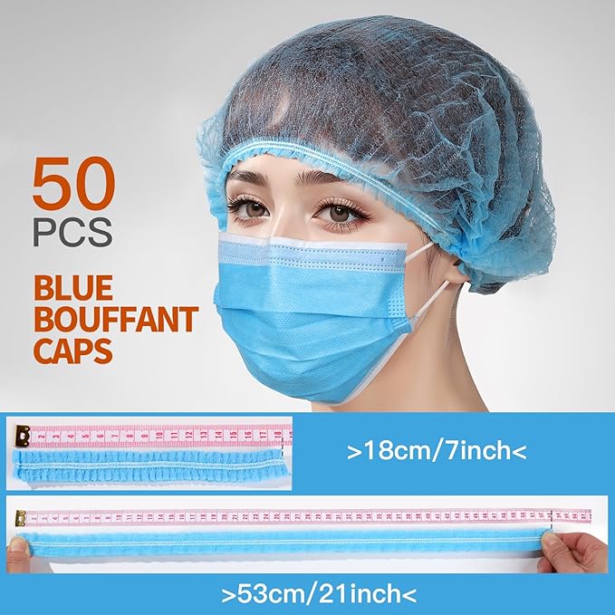 LEOBRO Hair Nets for Food Service Workers, 50PCS Hair Net, Hairnets for Foodservice, Kitchen Hair Nets for Women Men Cooking, Non-woven Bouffant Caps, Disposable Hair Cap Hair Cover, Blue, 21 Inch