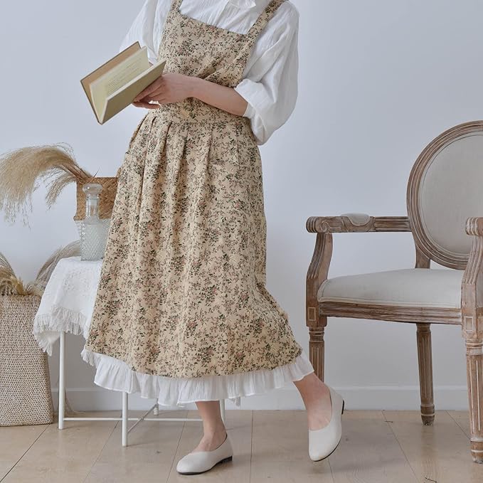 Pinafore Apron Dress，Japanese Cotton Linen Cross Back Apron for Women with Pockets，Pinafore Dress with Waist Ties (Brown flower) didn't find size on picture