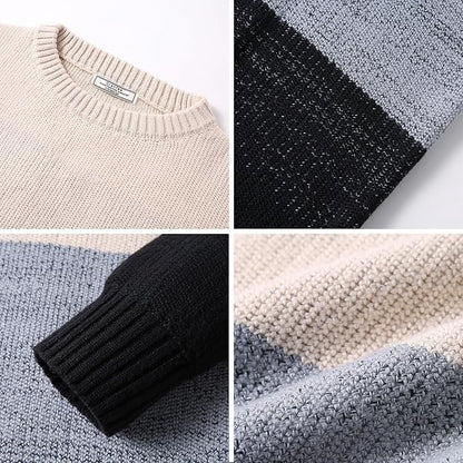 Men's Crewneck Pullover Sweater Winter Color Block Striped Sweater Soft Thermal Knitted Casual Long Sleeve Sweaters size L