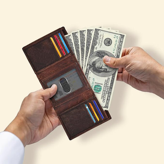 Real Leather Mens Trifold Wallet RFID Blocking Slim Minimalist Front Pocket - Thin & Stylish with ID Window in Gift Box