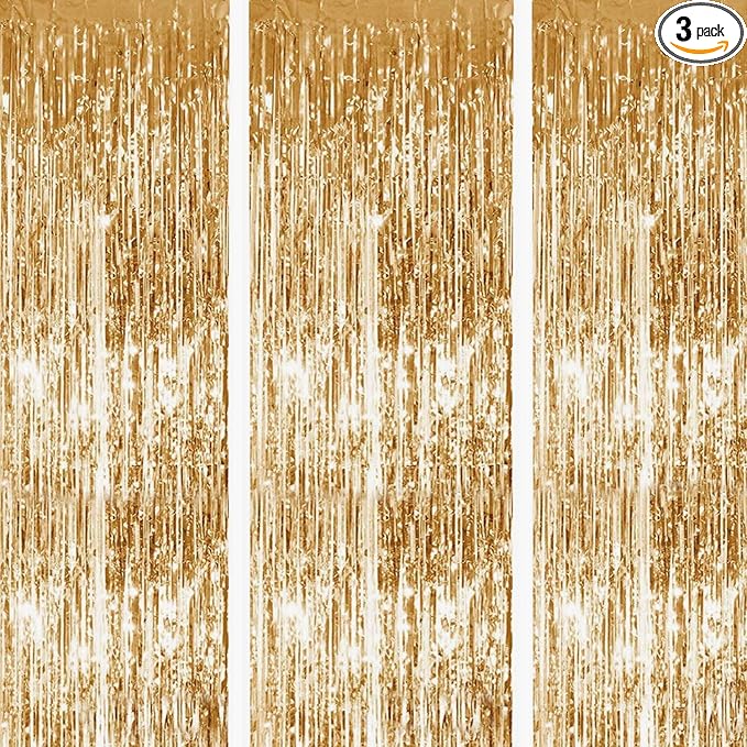 Gold Metallic Tinsel Foil Fringe Curtain, 3 Pcs 3.3ft x6.6ft Photo Booth Backdrop Streamer Curtains&Photo Booth Props, Party Decorations for Bachelorette Graduation Wedding Birthday (Gold)