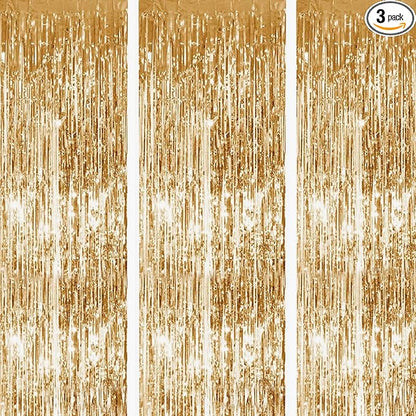 Gold Metallic Tinsel Foil Fringe Curtain, 3 Pcs 3.3ft x6.6ft Photo Booth Backdrop Streamer Curtains&Photo Booth Props, Party Decorations for Bachelorette Graduation Wedding Birthday (Gold)